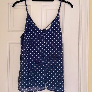 Navy white polka dot button down top